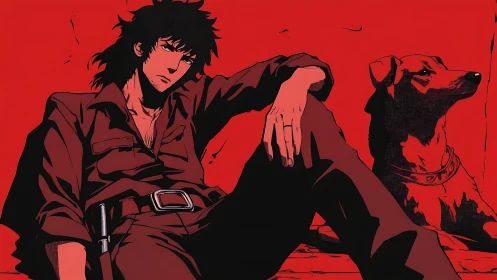 Seated male figure with dog against flat red backdrop.