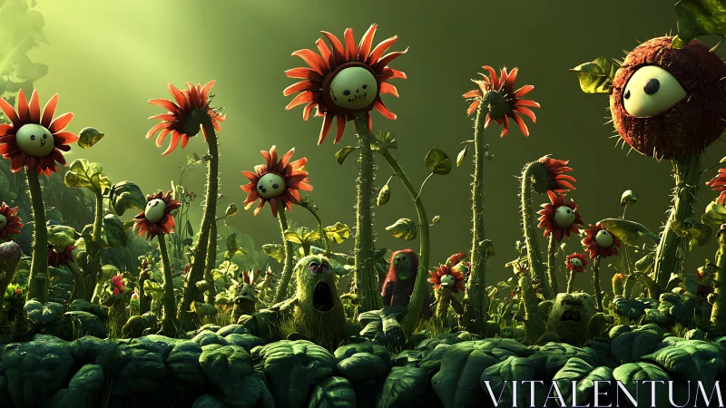 Anthropomorphic red flowers in dense stylized green forest.