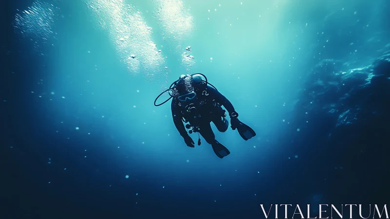 Deep-sea scuba diver silhouetted in cinematic teal waters.