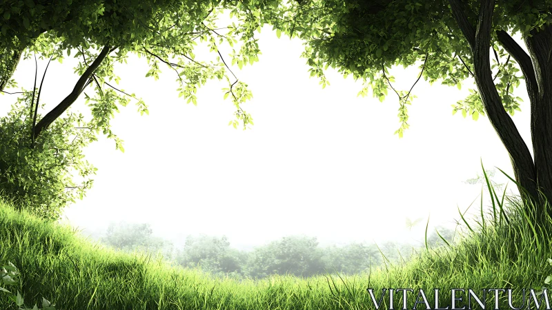 Lush Green Forest Clearing Framed by Trees and Sunlight, Digital Art.