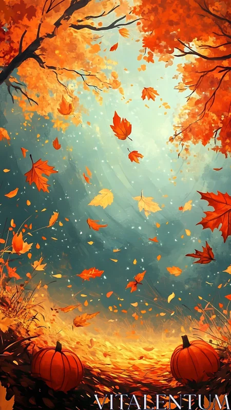 Spiraling autumn leaves over glowing forest pumpkins.