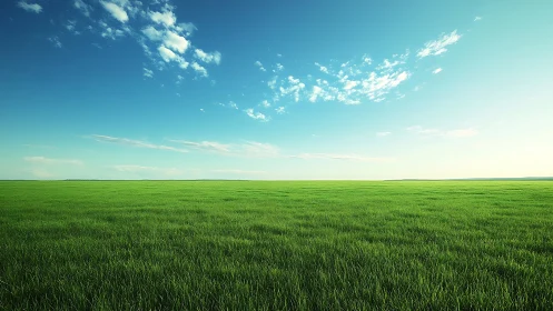 Endless green meadow stretches under a peaceful blue sky