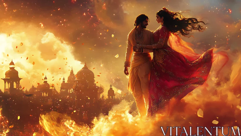 Lovers drift above ember-lit palaces in flaming twilight.