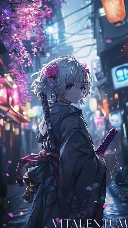 Midnight street blossoms frame a quiet, determined samurai soul