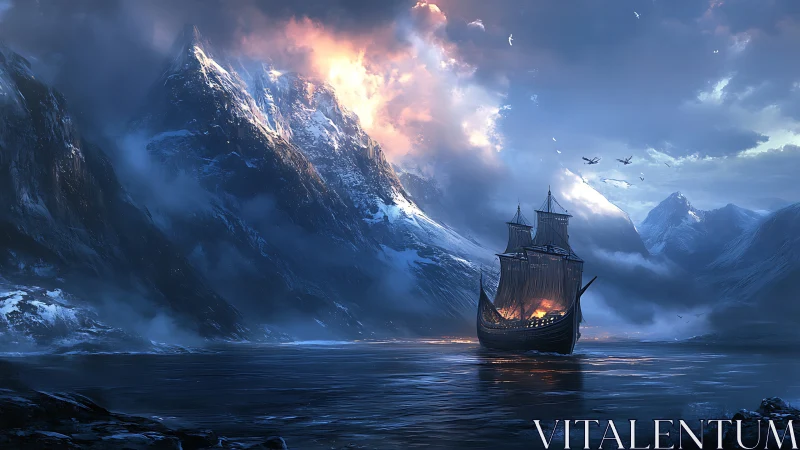 Viking longship crosses glacial fjord under burning sky.