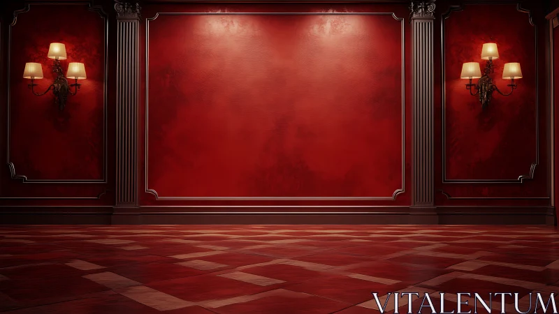 Opulent red gallery wall glows with warm vintage sconces