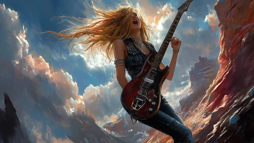 Rock guitarist unleashed beneath storm-lit canyon sky.