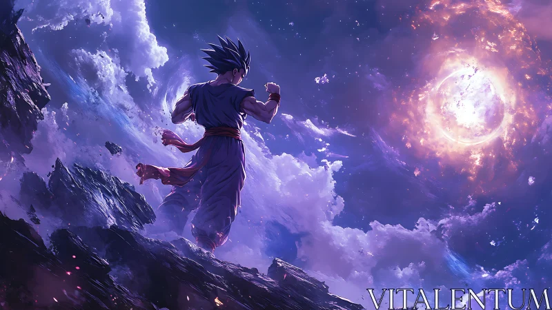 Digital painting of cosmic warrior against luminous energy sphere.