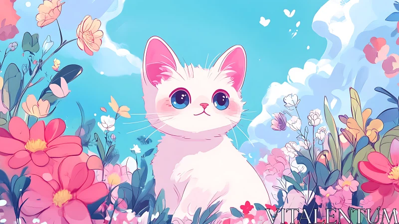 Enchanted white cat surrounded by blooming flowers in dreamlike garden.
