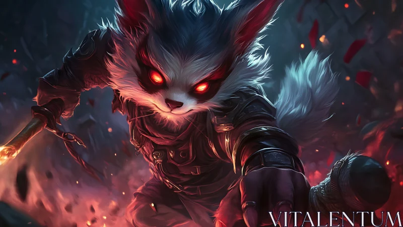 Demonic fox warrior lunges through blazing embers at viewer.
