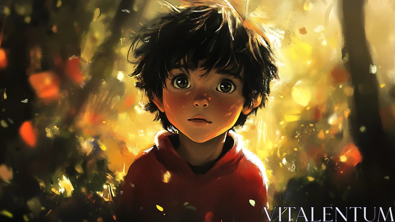 Soft autumn light surrounds wide-eyed child in forest.