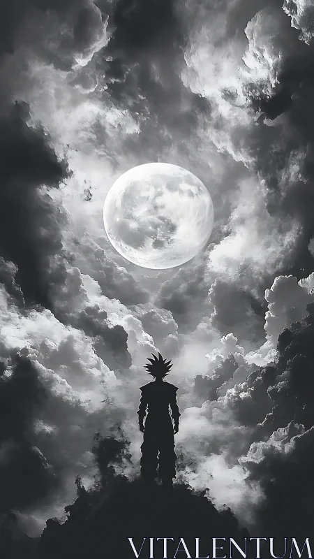 Silhouetted warrior contemplates a vast moonlit storm sky