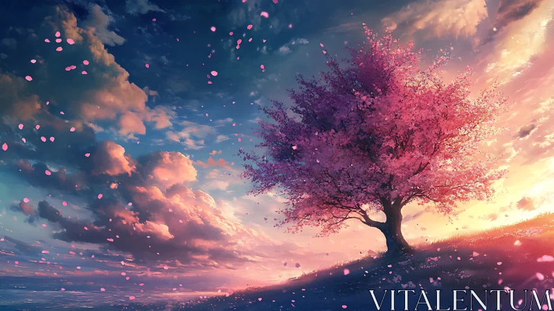 Pink blossom tree on hill under vivid sunset sky.