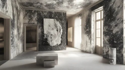 Monochrome marble-textured minimalist gallery interior space