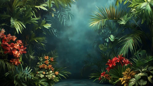 Secret jungle stage waits as tropical blooms frame the hush