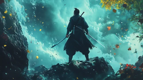 Lone samurai with dual katanas overlooking misty chasm.