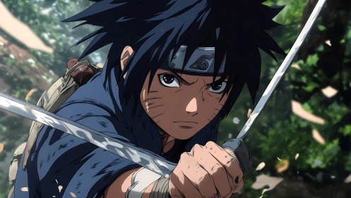 Intense anime warrior lunging forward with twin blades.