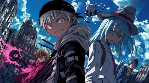 Dynamic anime squad framed by ruined urban skyline and magic