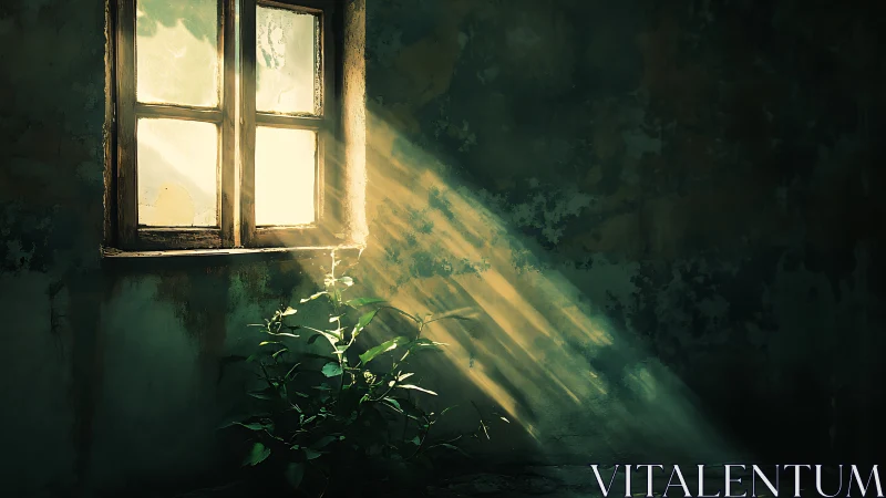 Sunlit window illuminates green plant in dark interior