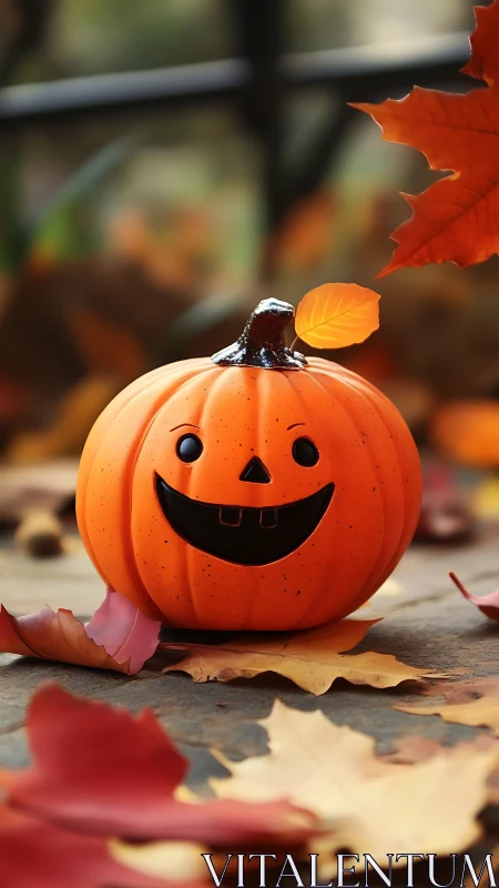 Orange pumpkin decoration amid fallen autumn leaves outdoors.