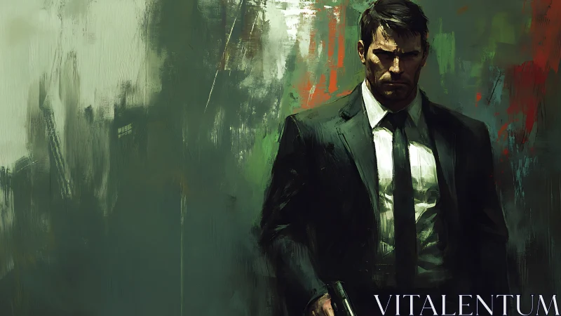 Stoic suited figure walking through stormy painted city.