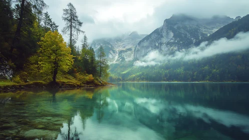 Fog-layered alpine lake with high dynamic range reflections.