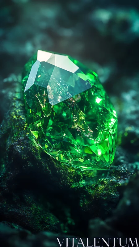 Faceted green gemstone rests on textured dark rock surface
