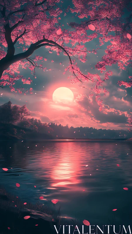 Cherry blossom moonrise over tranquil reflective lake.