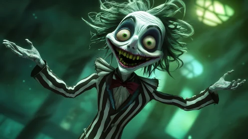 Grinning ghoul in striped suit lunges forward under green glow
