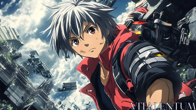 Dynamic anime hero framed against fragmented floating cityscape