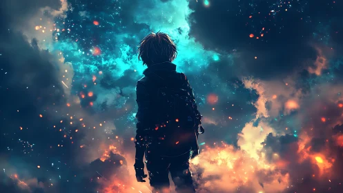 Silhouetted traveler facing nebular sky with teal fire clouds