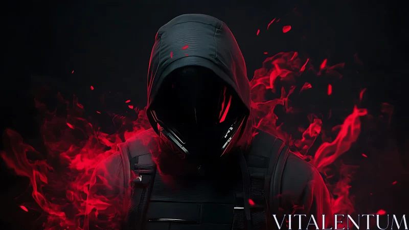 Hooded figure with black visor stands amid red digital flames