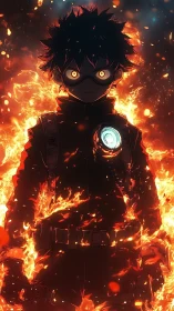 Masked anime boy in tactical gear stands engulfed in fire