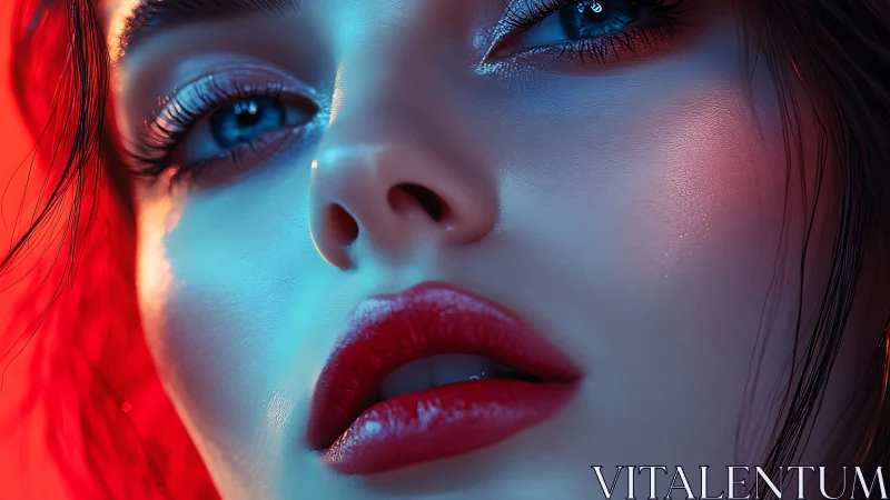 Cinematic neon-lit close-up portrait with glossy red lips detail