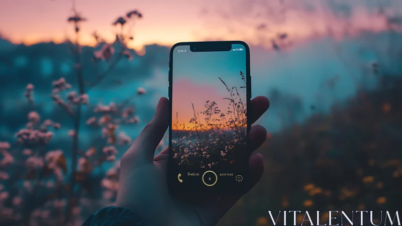 Smartphone captures dreamy sunset over soft wildflower field