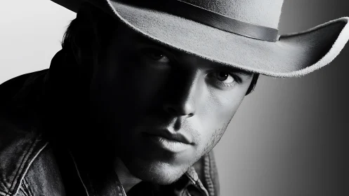 Monochrome cowboy portrait defines sculpted light and shadow