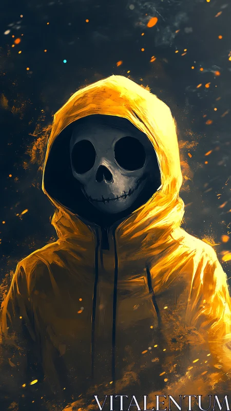 Hooded skeletal figure in yellow parka amid ember particulate field.