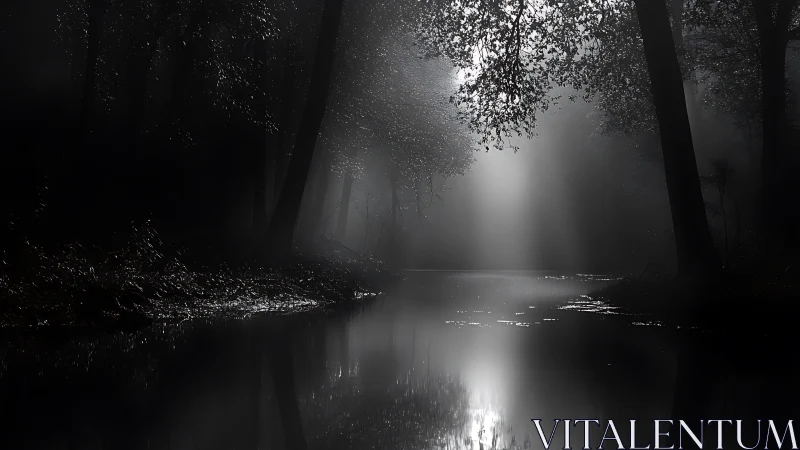 Monochrome forest river under dramatic volumetric light.