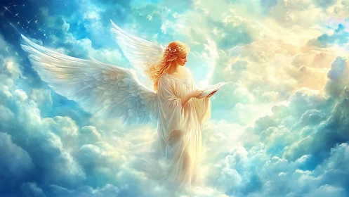 Digital painting of luminous angelic figure in celestial clouds.