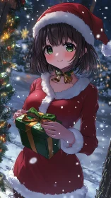 Girl in red Santa outfit holding green gift in snow scene.