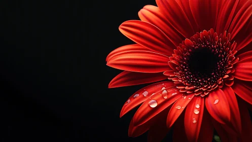 Red Gerbera Daisy with Water Droplets Against Black Background