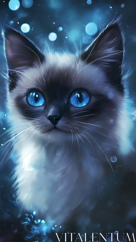 Siamese cat with vivid blue eyes in ethereal blue light