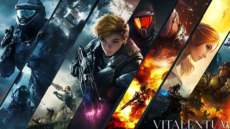 Multiple armored sci‑fi characters are segmented in diagonal panels