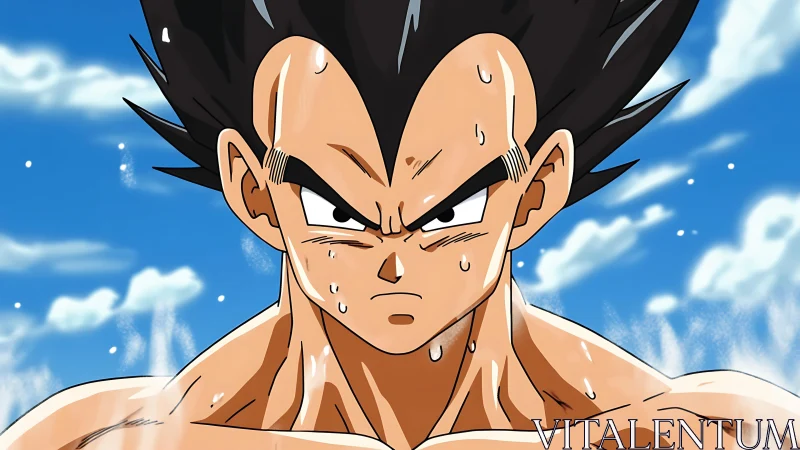 Muscular anime fighter in intense close-up with stylized sweat rendering