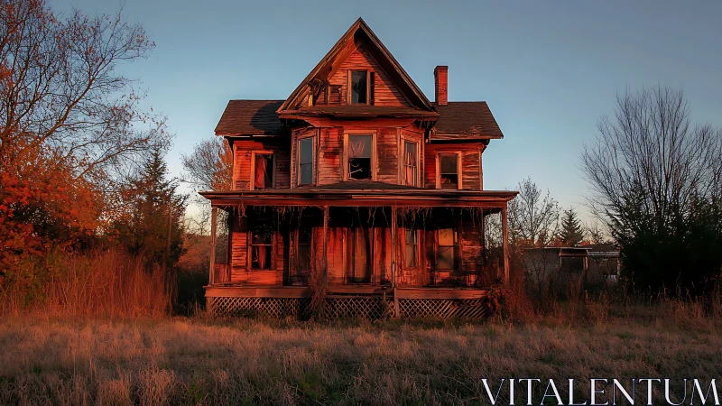 Two story abandoned wooden house stands in evening sunlight