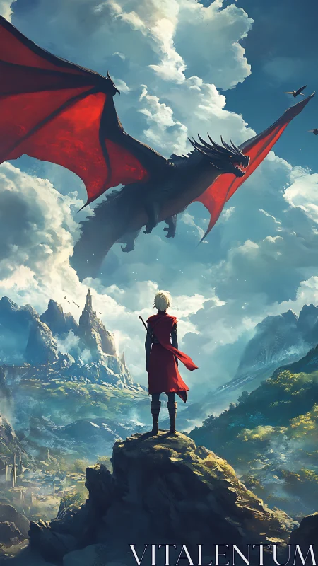 Red-cloaked dreamer greeting a soaring mountain dragon.