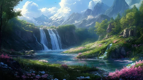 Digital painting of alpine waterfall valley with floral riverbank.