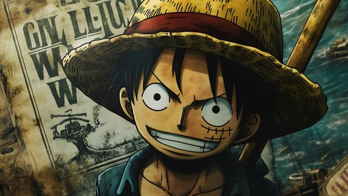 Straw-hatted rogue grins against stormy pirate wanted poster.