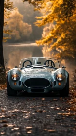 Classic roadster on forest lane in soft autumn light.