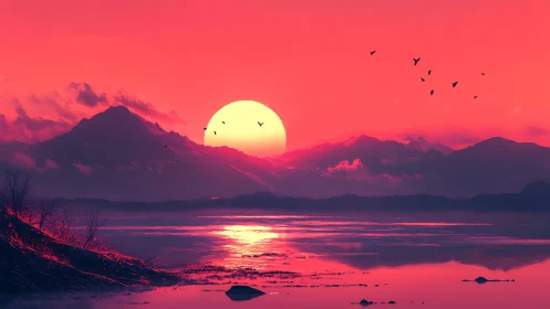 Vivid red digital sunset over distant mountain range.